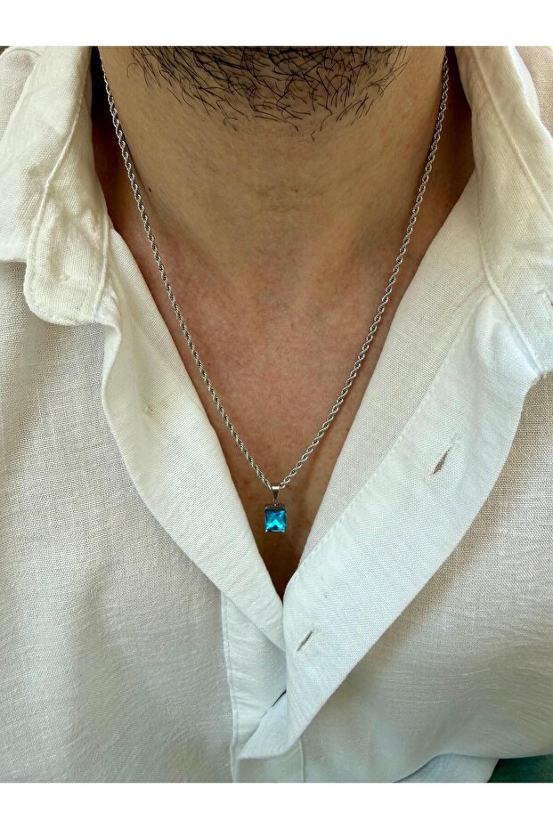 Yelmaros Turquoise Blue Baguette Stone Silver Color Steel Men's Necklace – Twisted Chain