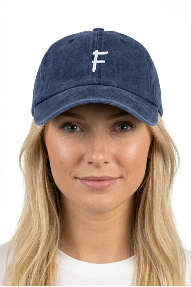 Letter F Navy Blue Embroidered Washable Vintage Unisex Hat