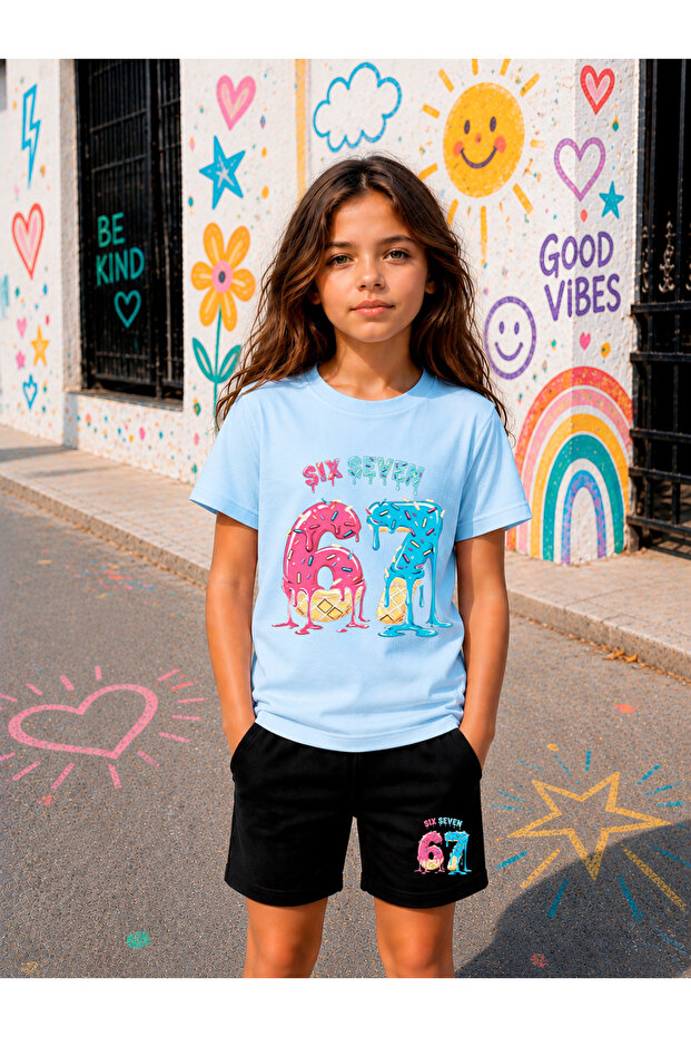 Six Seven Printed Girls' Shorts Set, Breathable Soft Fabric