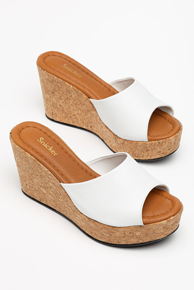 White Genuine Leather Cork Coated Slippers Women's Shoes Moka