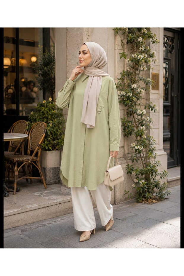 Women's Hidden Buttoned Shirt Collar Long Loose Islamic Clothing Summer Tunic