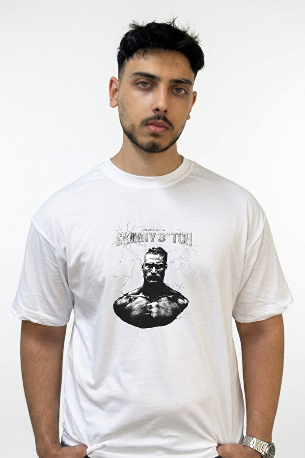 Bodybuilder Design Printed Oversize White T-Shirt