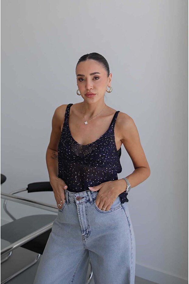 Navy Blue Strappy Sequined Knitwear Blouse