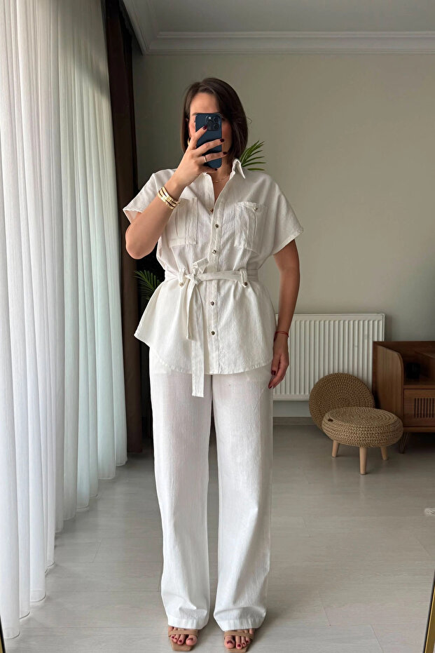 Belted Shirt Trousers Linen 100% Cotton Ecru Double Suit