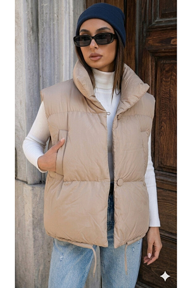 Women's Beige Stand-Up Collar Button Closure Inflatable Vest with Drawstring at the Bottom