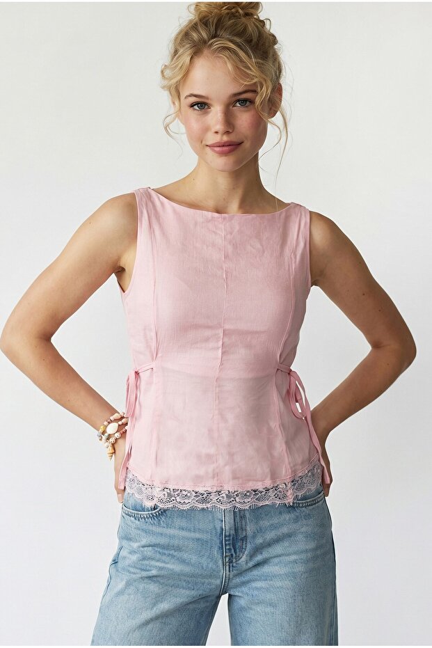 2131 Women's Half Lined Light Transparent Linen Look Lace Zero Sleeve Blouse Pink