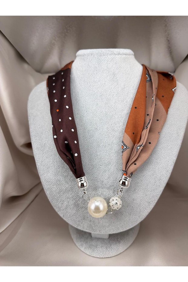 Women's Brown Beige Patterned Scarf Necklace with Large Pearl Detail Stylish Fabric Neck Necklace