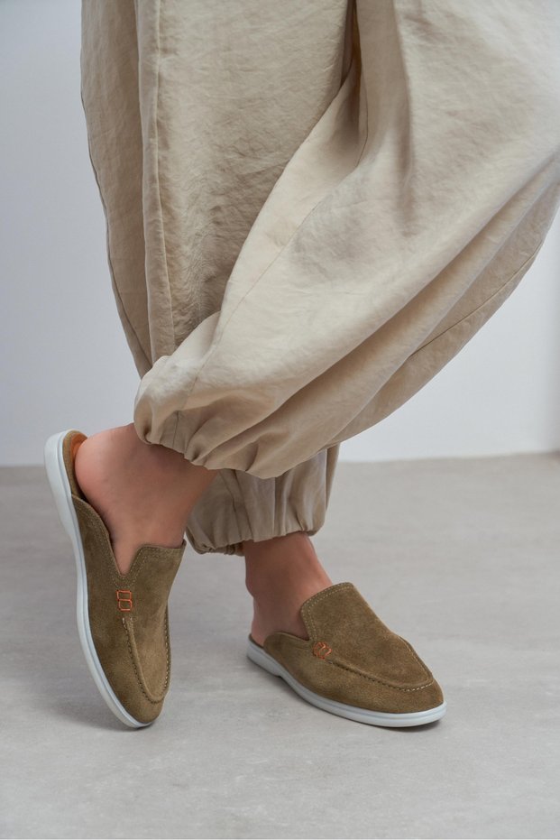 Letty Rome Beige Suede Leather Flat Sole Women's Loafer Slippers