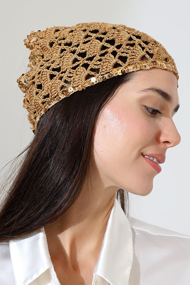 Gold Beige Sequined Hand Knitted Triangle Bandana – Handmade Hair Band