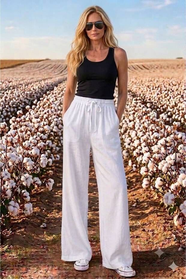 Very Comfortable, Very Lightweight, High-Waisted, Elastic Waist, Lace-Up, Wide-Leg, Linen-Look Fabric Trousers