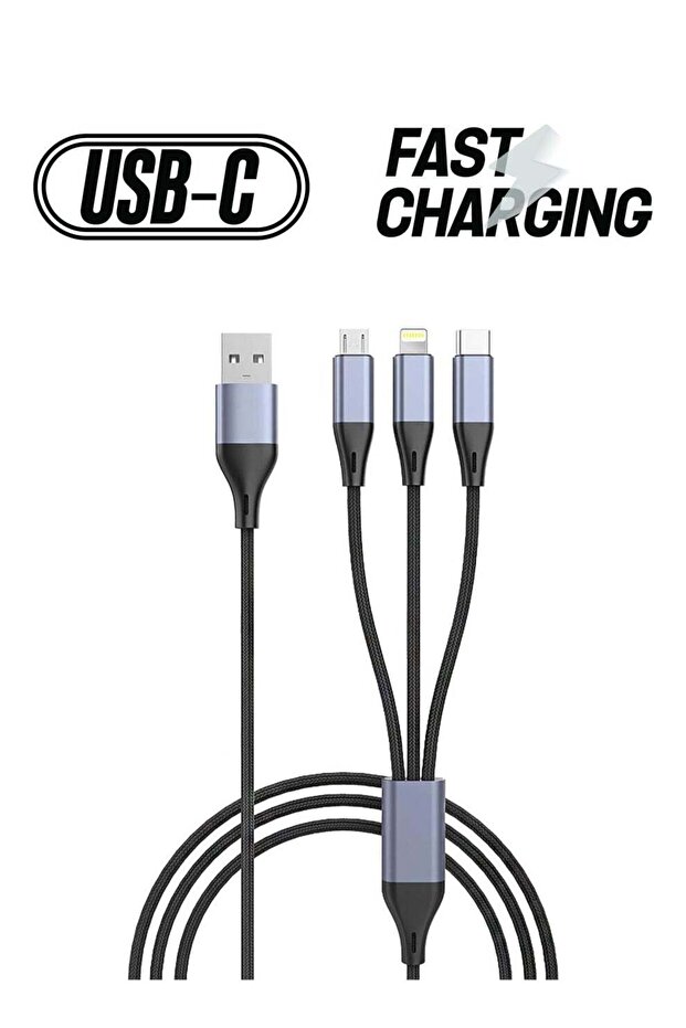 3-in-1 USB Charging Cable – 5A Fast Charge Braided Nylon Cord with USB-C, Micro USB, and Lightning Connectors