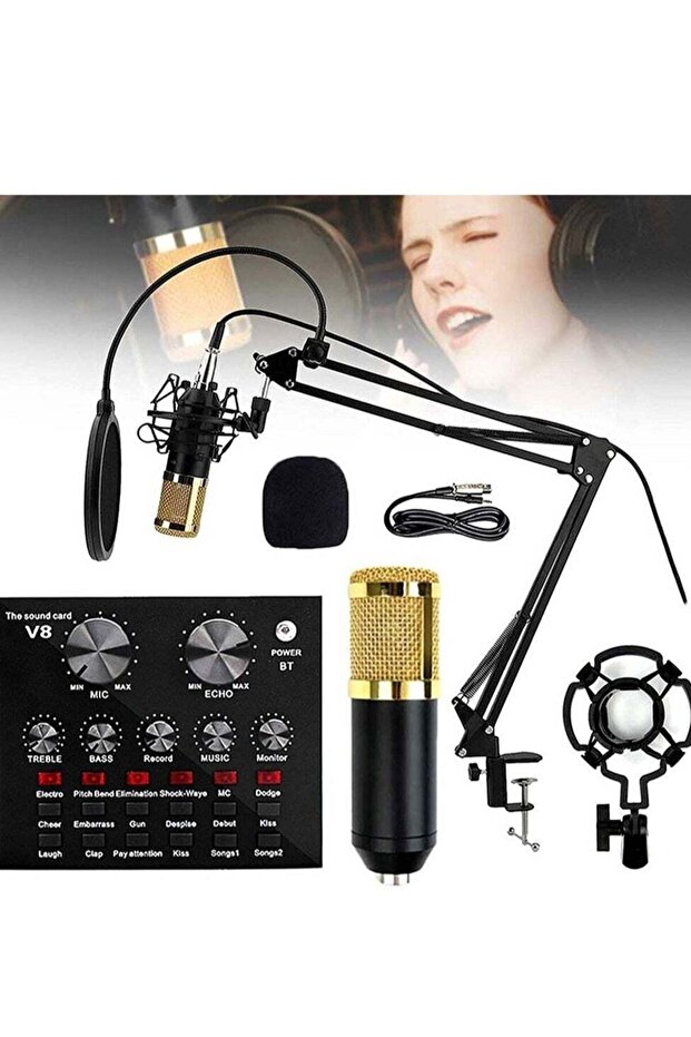 Microphone, Live Sound Card & BM800 Suspension Microphone Kit for Broadcasting Recording