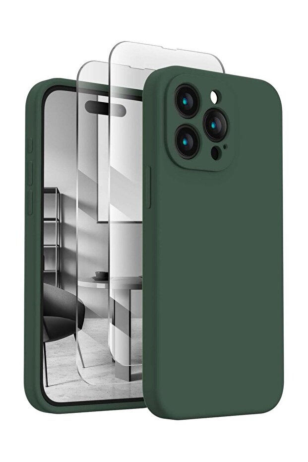 Designed for iPhone 15 Pro Max Case, Silicone, Camera Protection, 2 Screen Protectors, Alpine Green