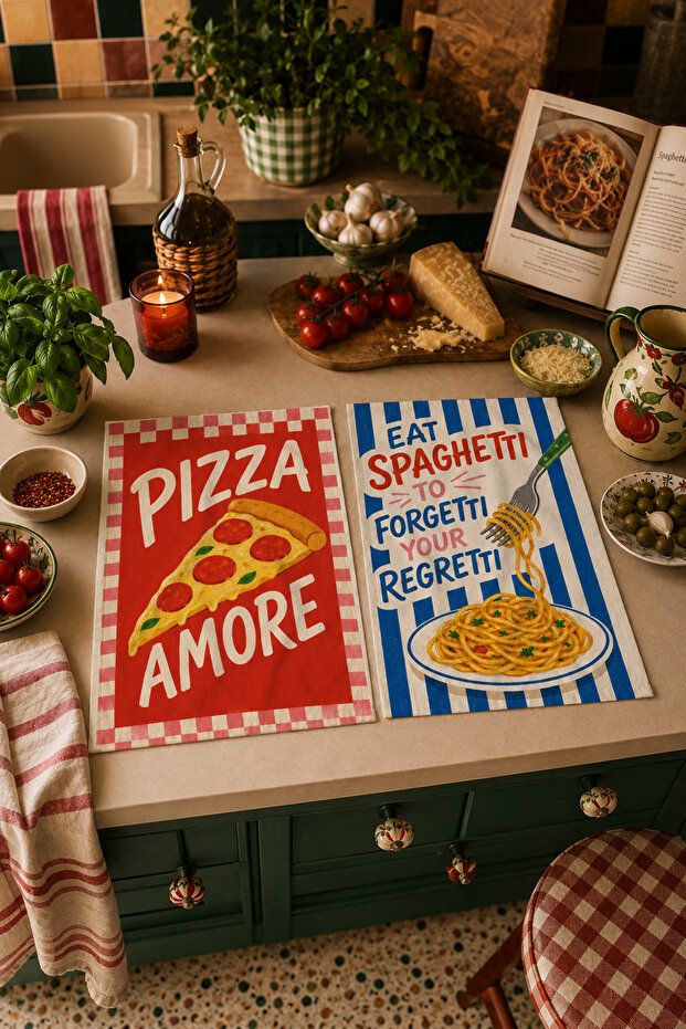 Pizza Amore Spaghetti Regret Italian Cuisine Patterned Modern Mediterranean 2-Piece Kitchen Towel Set 35X55
