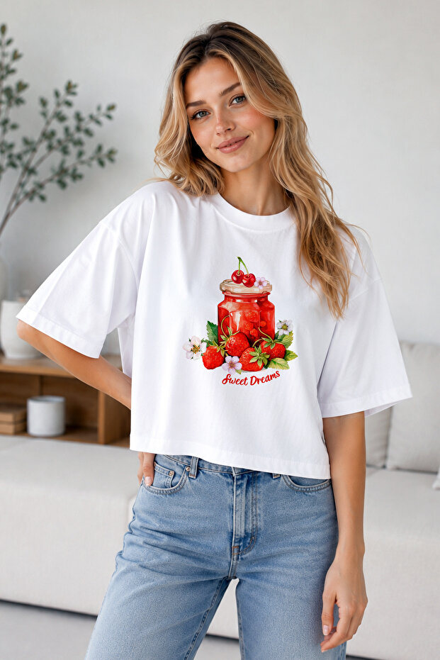Women's White Oversize Semi Crop Printed T-Shirt - Sweet Dreams Strawberry Jam Patterned Cotton Unisex Plus Size Basic T-Shirt