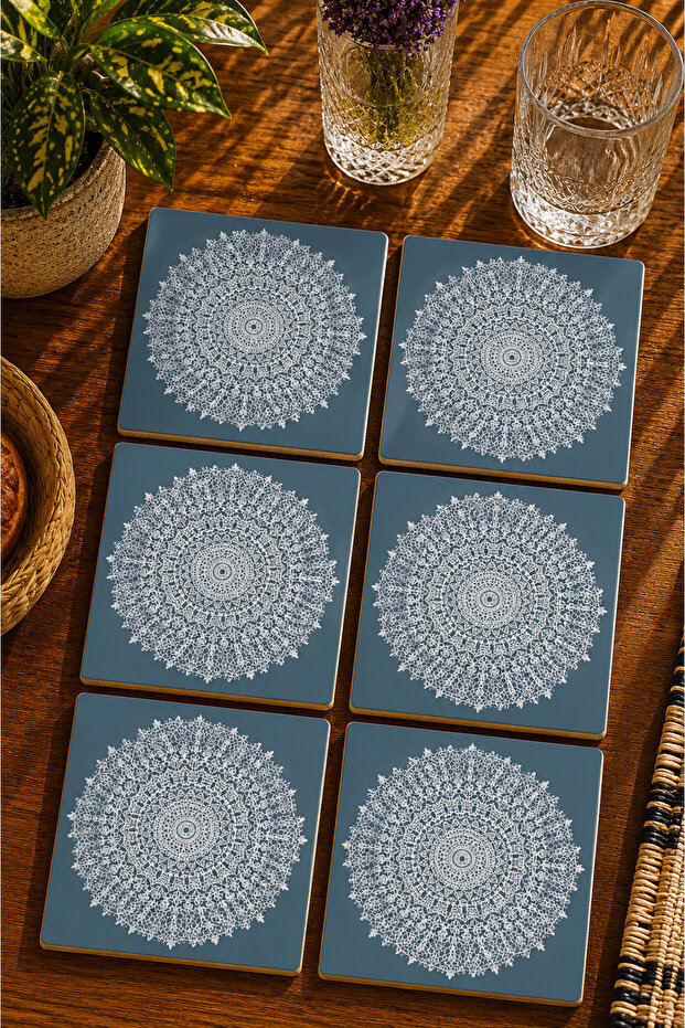 Mandala Style Floral Illustration Modern Set of 6 Coasters - Uv Printing Mdf - 10X10 cm