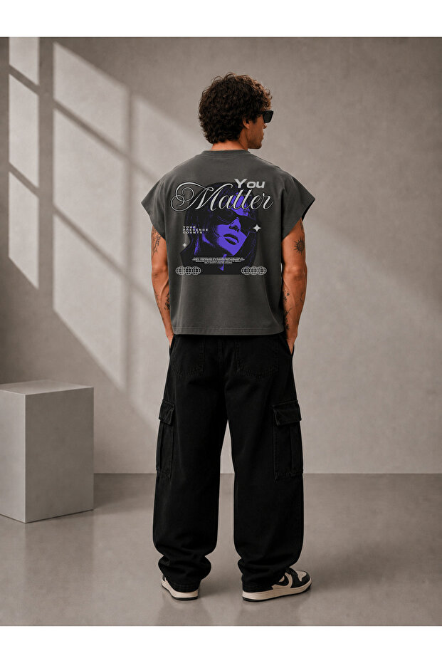 You Matter Printed Oversize Worker Boxy Fit Sleeveless Crew Neck T-Shirt