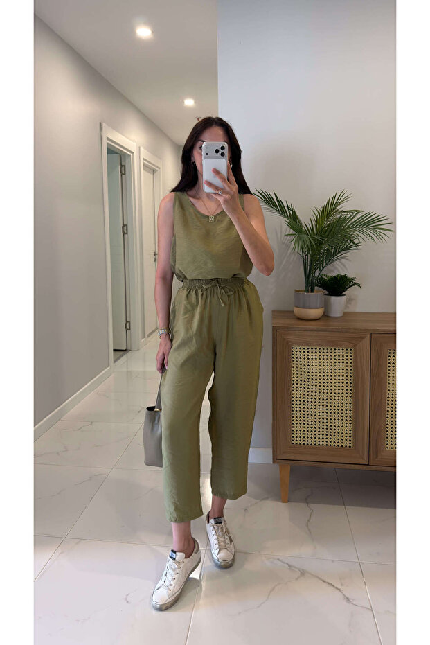 Mone Olive Tensel Sleeveless Blouse Pants Set