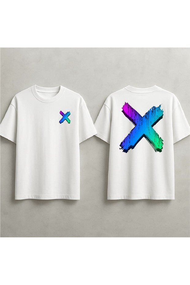 Attention-Getting Printed Oversized T-Shirt with Neon X Design
