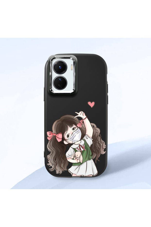 Vivo Y16 Compatible Case Camera Protective Black Silicone Couple Phone Case Girl Patterned