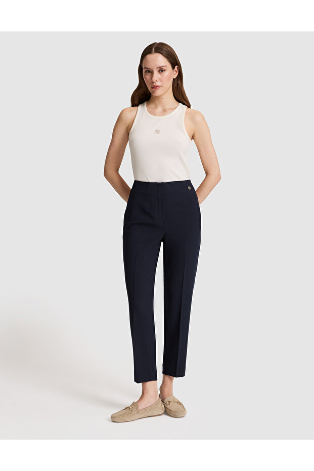 Navy Blue Carrot Fit Fabric Trousers 50319939-Vr033