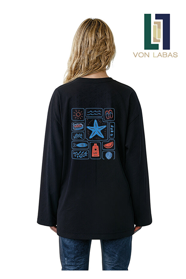 Summer Vibe Themed Wide Sleeve Oversize Long Sleeve White Tshirt 100% Cotton Summer T-Shirt