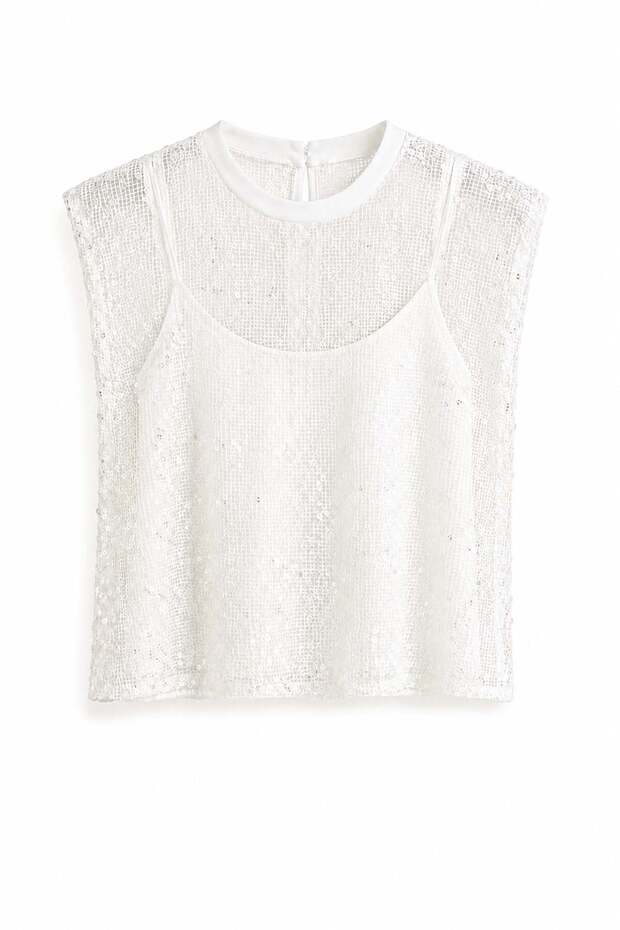 Large Sequined Padded Athlete Blouse White