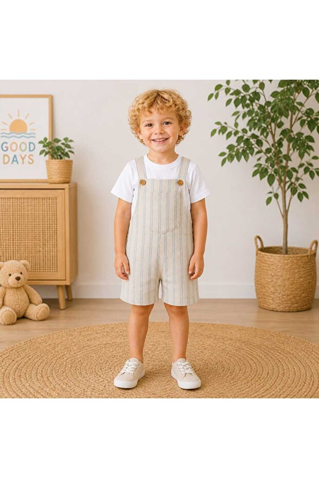 Boy's Striped Linen Salopet Shorts Overalls