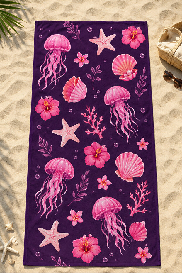 Purple Jellyfish and Star Pattern 70X150 Beach Towel, Suitable for Holiday Sea Coast and Pool Use