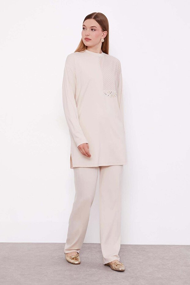 Beige Mesh Detailed Double Set