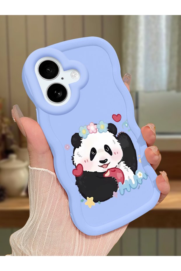 iPhone 16 Compatible Case with Camera Protector Blue Silicone Couple Phone Case Panda Pattern