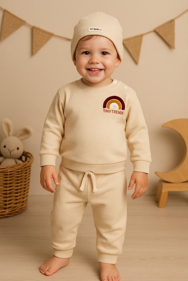 Baby&Child 100% Cotton Rainbow Embroidered Beret 3-Piece Top and Bottom Set