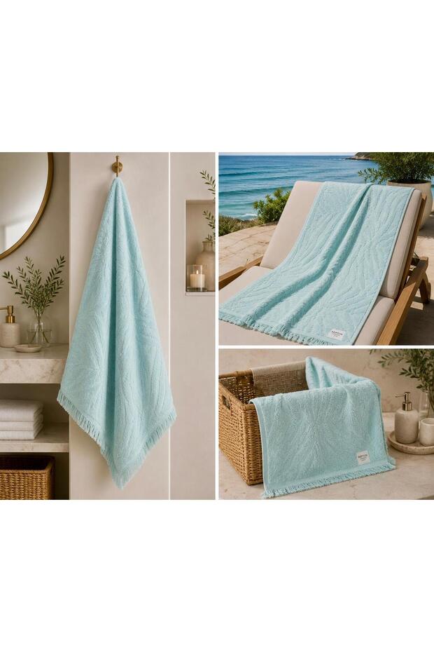 Aegean Breeze Leaf Jacquard Beach & Bath Towel - Sea Foam | 100% Cotton
