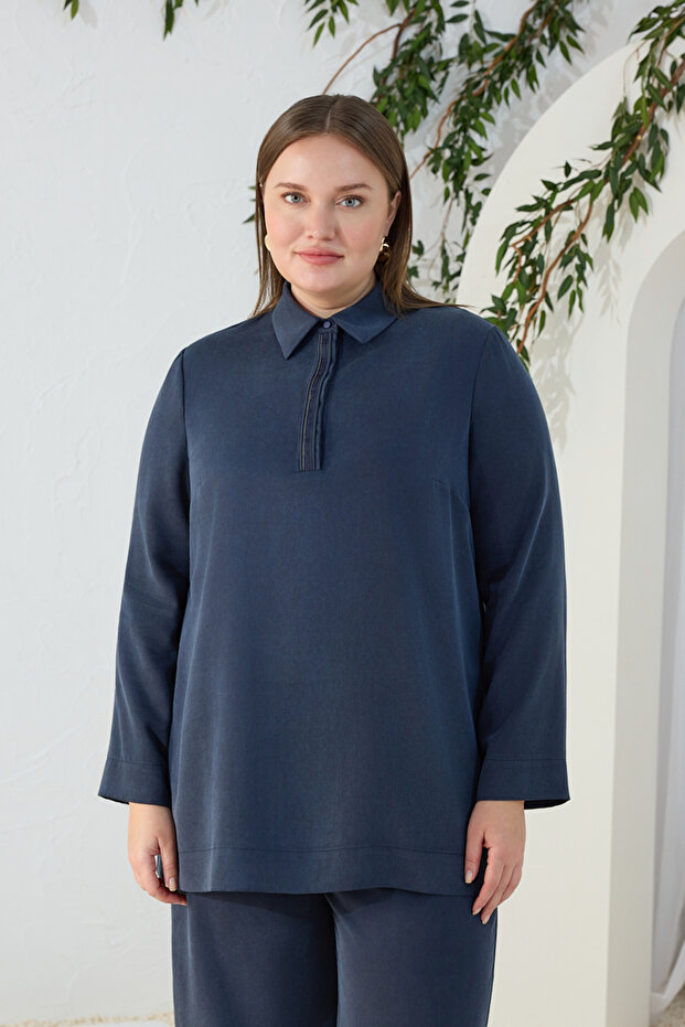 Navy Blue Half-Patch Detailed Blouse - 2