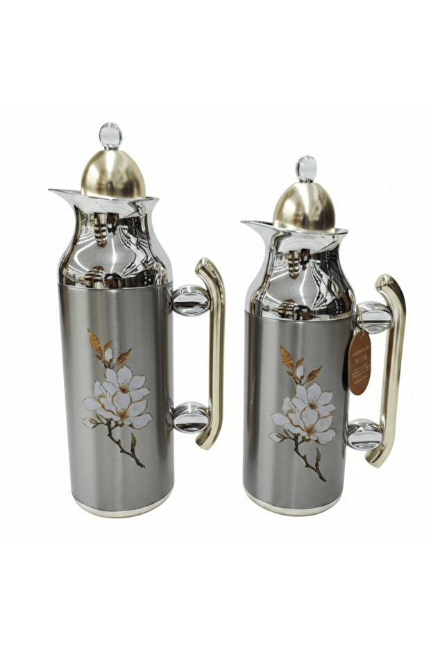 Vacuum Flask Set | 1 L + 0.7 L | Silver with Gold & Magnolia