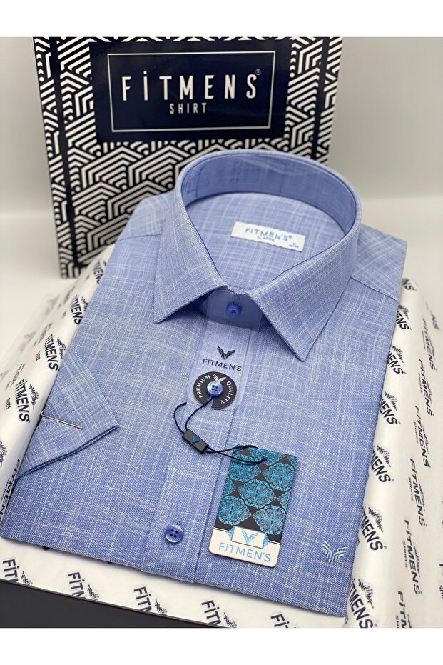 Classic Short Sleeve Linen Collar Button down Comfortable Fabric Gift Boxed Men's Shirt Fs-004588 - Blue
