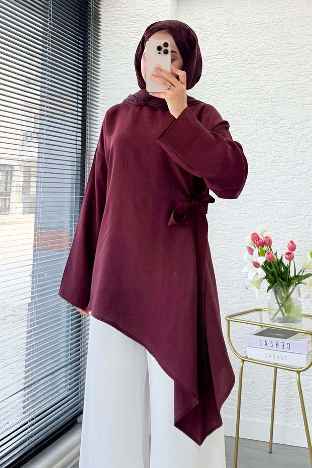 Side Tie Asymmetrical Cut Modal Tunic - Burgundy