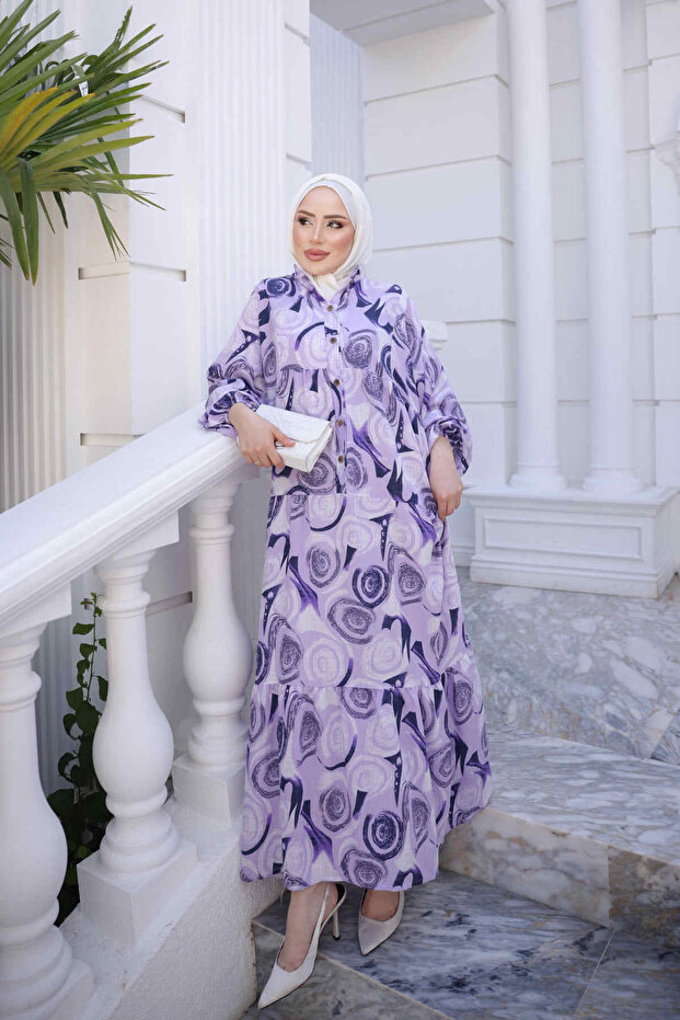 Lilac Half-Buttoned Layered Viscose Dress with Elastic Sleeves