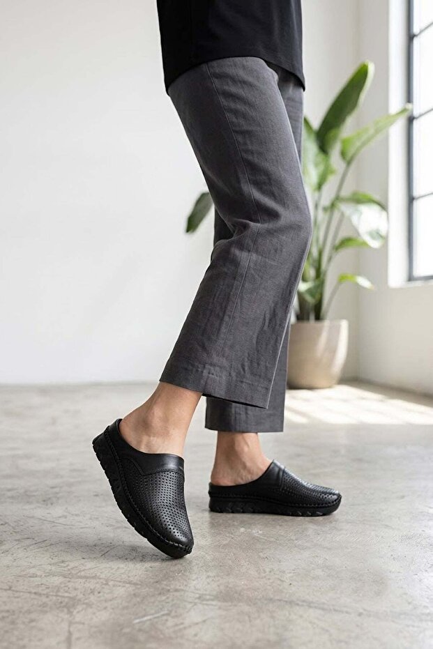 Elit Asbr716 Women's Genuine Leather Flat Slippers Black