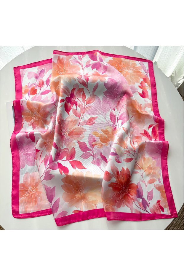 FJ1227-3-Rose Luxury Square Scarf For Women Floral Imitation Silk Scarves Bandanas Elegant Ladies Hi