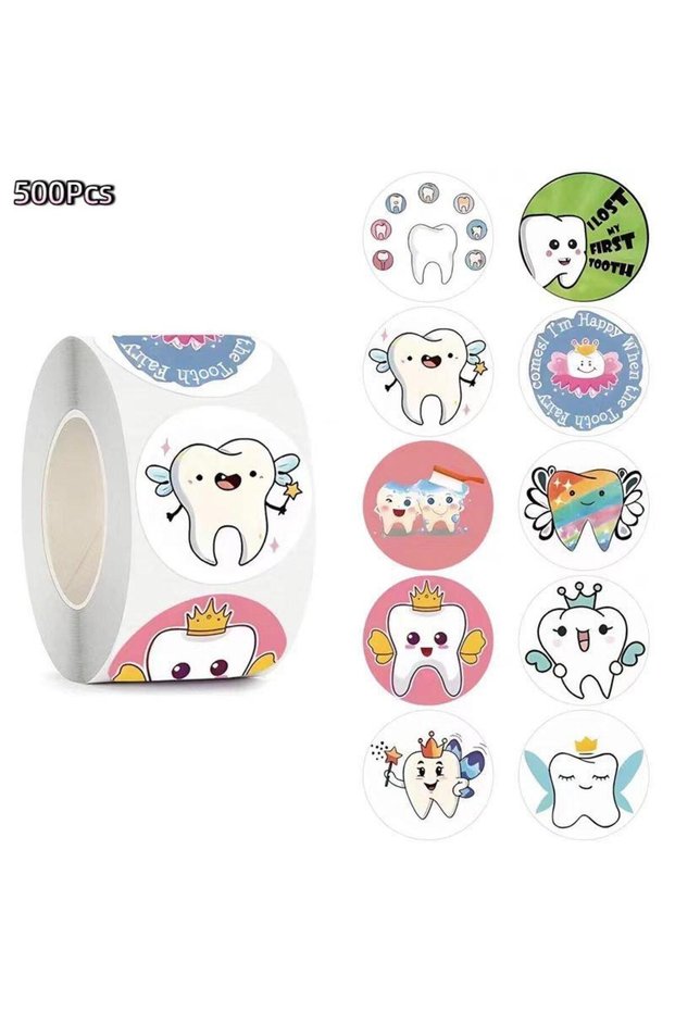 C 500pcs/Roll Dental Stickers Cartoon Decoration Tooth Shaped Sticker Label Sticker Dental Supplies.