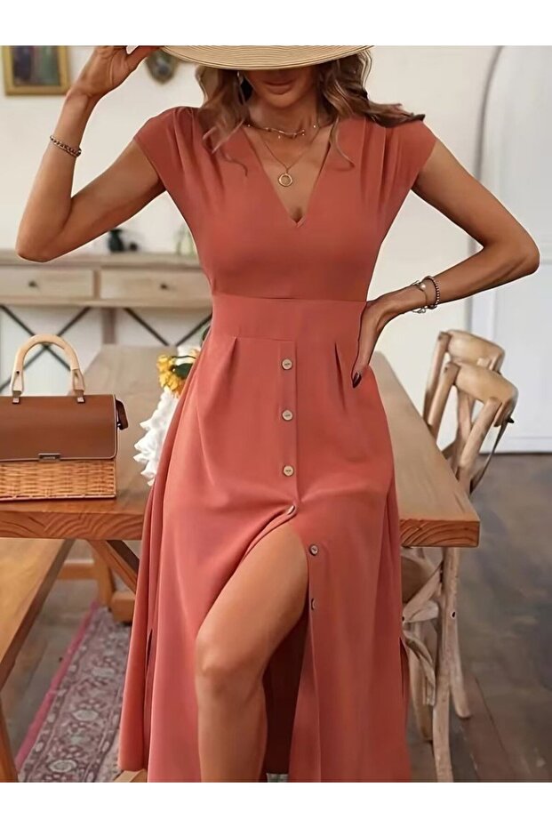 Women's Short Sleeve V-Neck Front Buttoned Midi Woven Viscose Dress