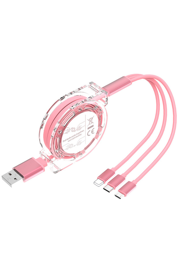 Pink 1m 3 in 1 Retractable Data USB Cable for iPhone Charger Fast Wire Charging Cable For Android Ph