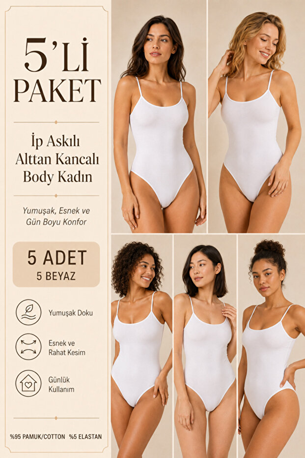 Women's 95% Cotton Thin Straps with Hooks at the Bottom, 5-Piece Basic Body Undershirts – Flexible & Comfortable for Daily Use