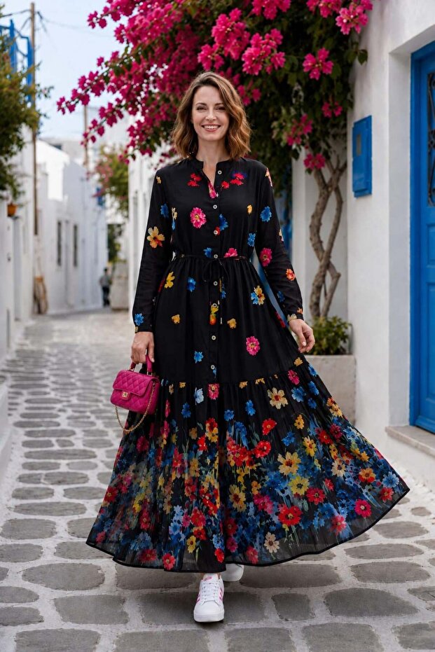 Women's Buttoned Floral Patterned Modal Black Dress