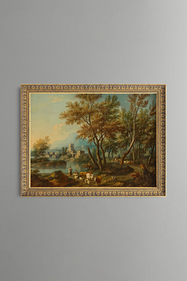 Shepherdess and Garda Lake Landscape - Vintage Patterned Painting - Fine Model