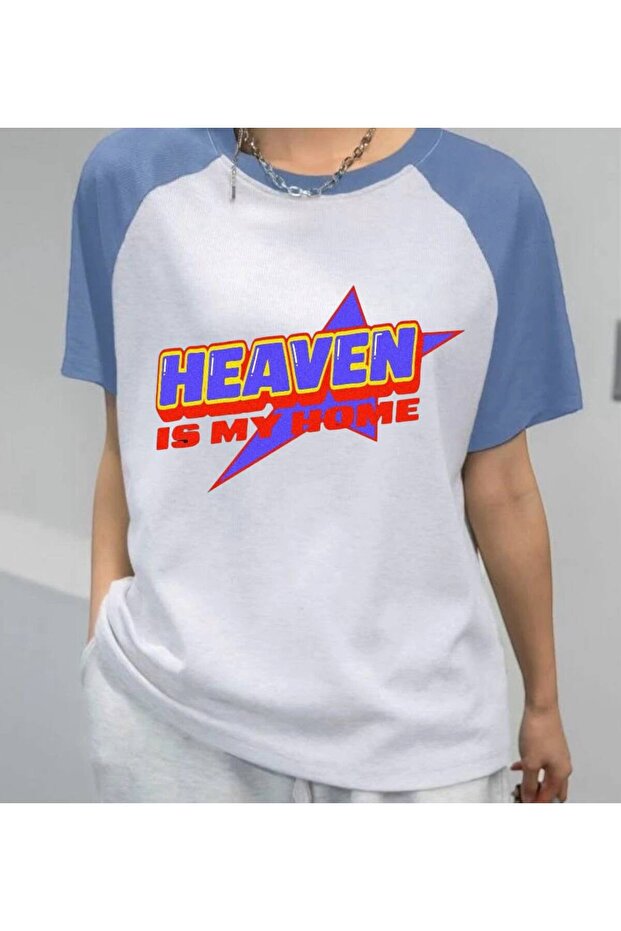 Heaven Is My Home Printed Blue Raglan Sleeve T-Shirt