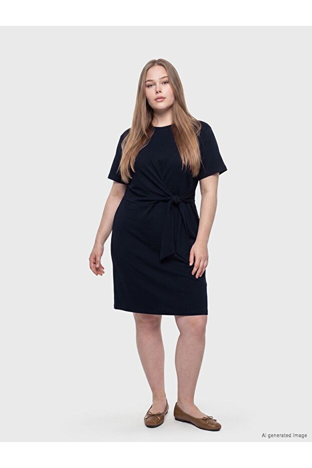 Soulife Navy Blue Crew Neck Tie-Up Drawstring Dress