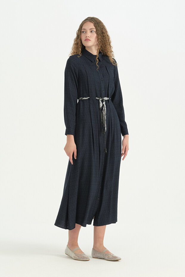 Style Belted Viscose Dress - Navy Blue
