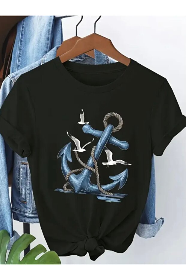 New Season Blue Anchor Printed 100% Cotton Plus Size Women's Marine T-Shirt